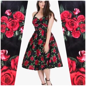 X-Small NWT Hell Bunny Cannes Retro Gothic Floral Rose Holiday Halter Dress